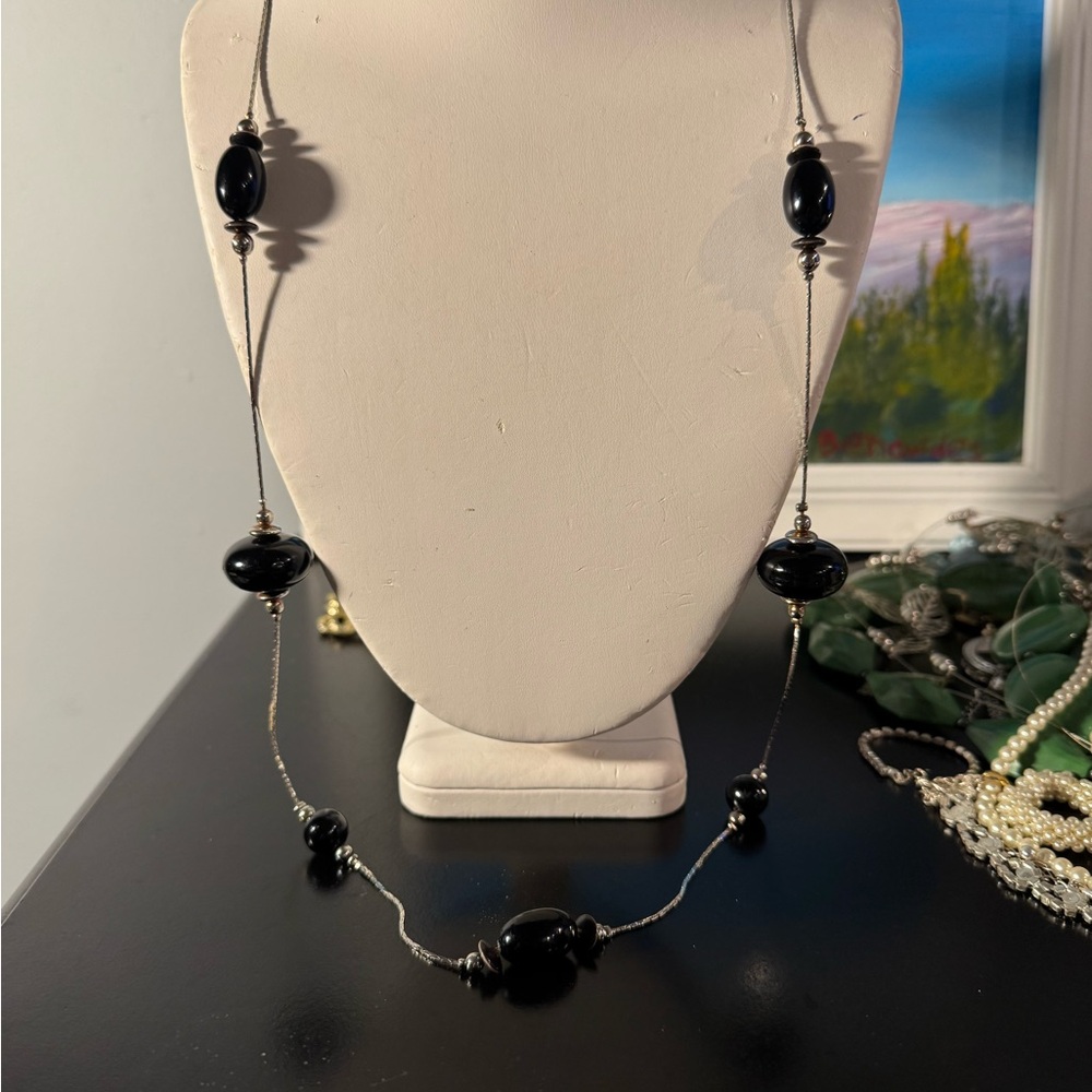 Elegant Black Bead Long Necklace by